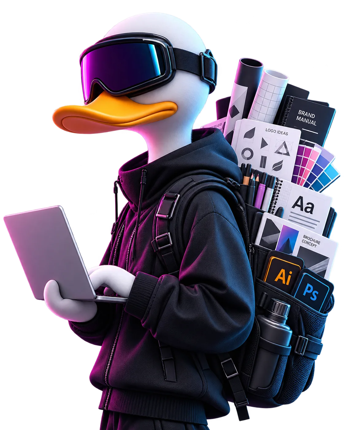 Branddone duck character designing on a laptop