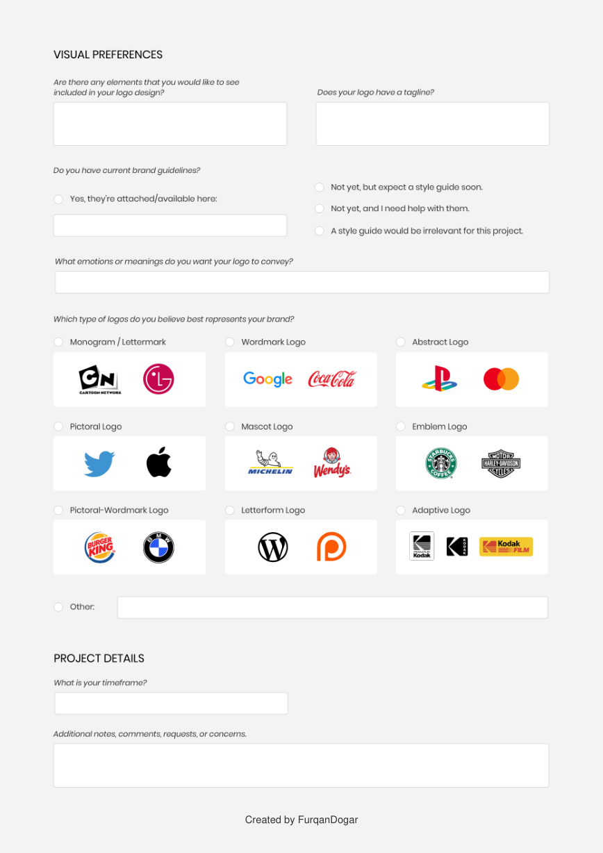 Questionnaire visual preferences and project details page